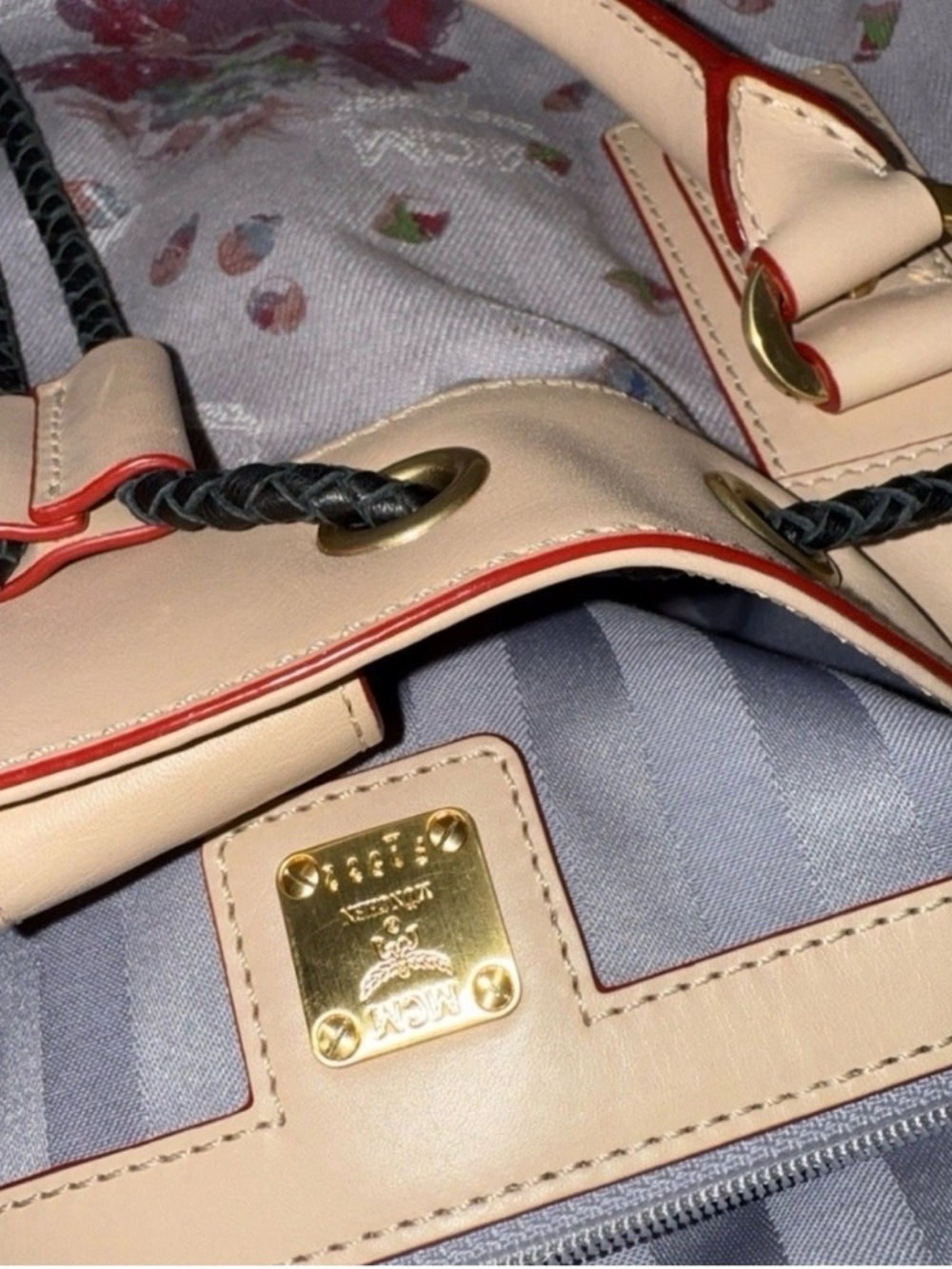 MCM LIMITED EDITION Floral Canvas Drawstring Tote with Tan Leather Trim - Picture 10 of 11